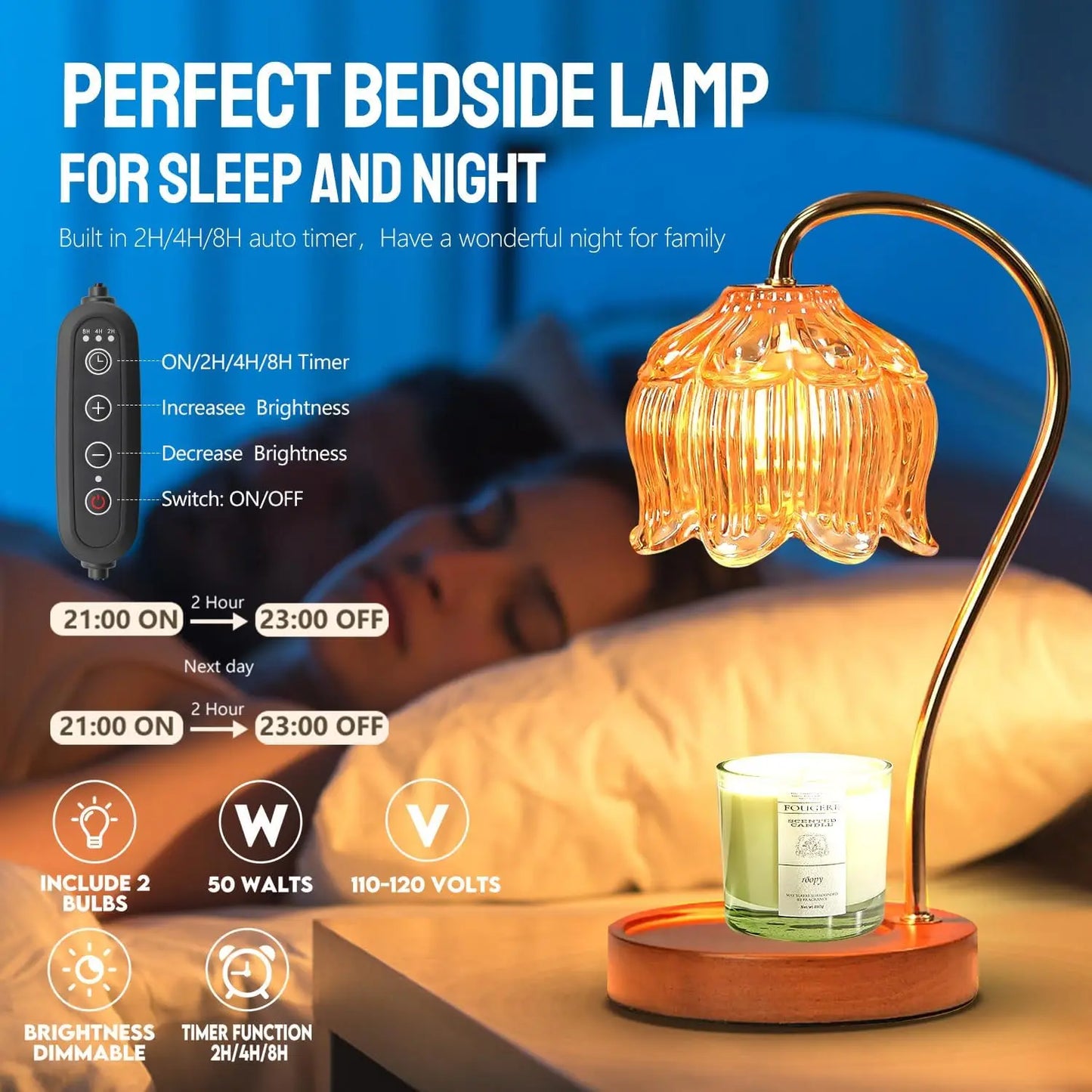 Amberly Romantic Warmer Lamp — Tulip Glass Shade, Timer & Dimmable