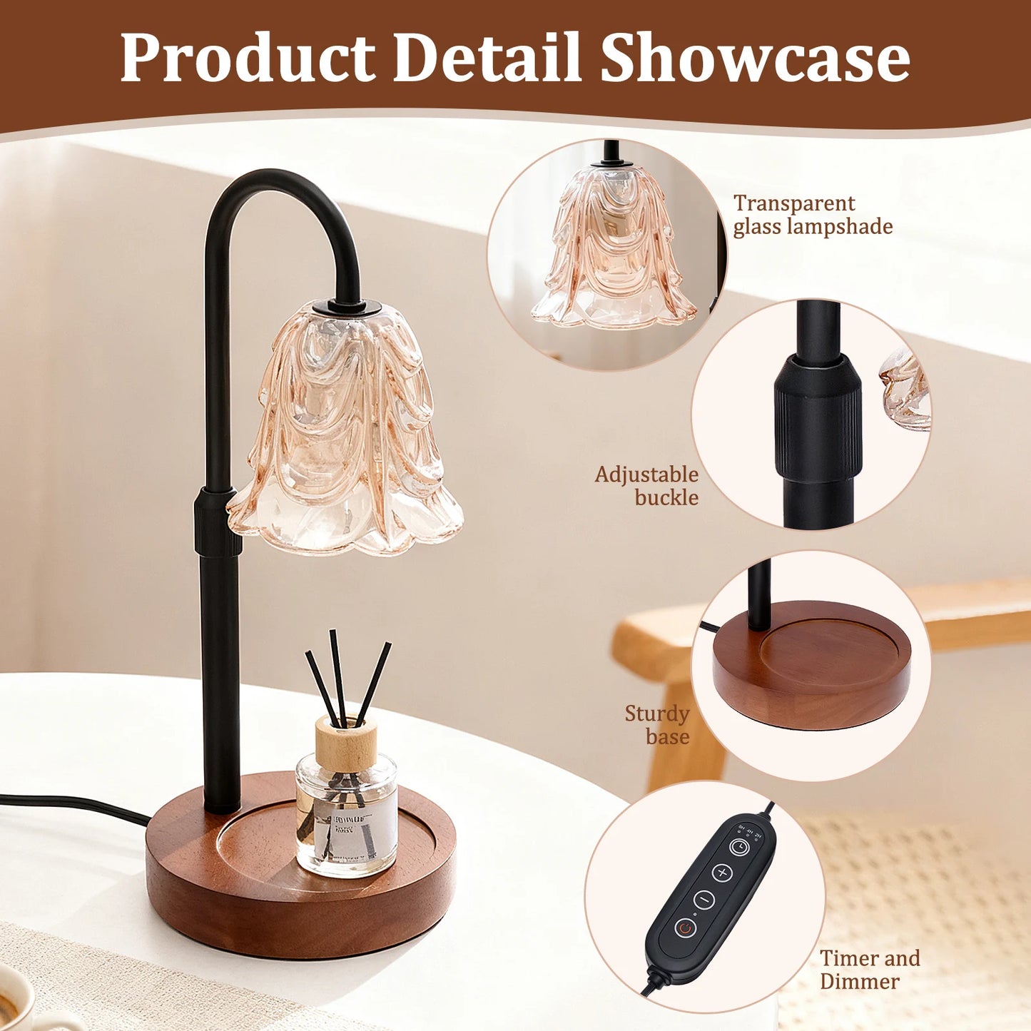 Amberly Retro Warmer Lamp — Flower Glass Shade & Dimmable Timer